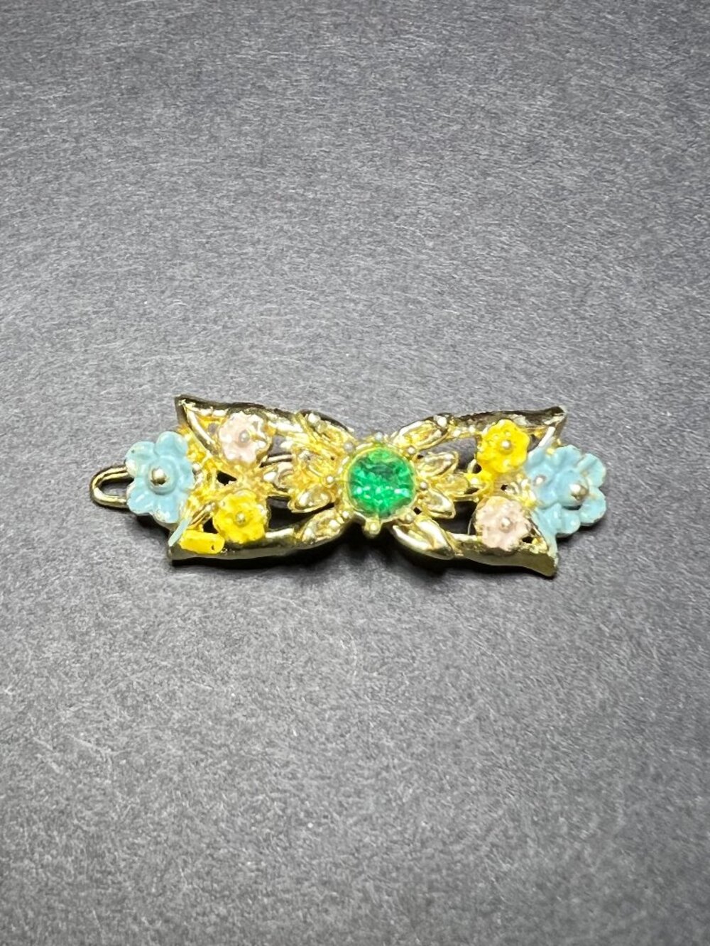 VTG Gold Tone Colorful Enamel Floral Green Rhinestone Hair Clip Barrette 1.5"